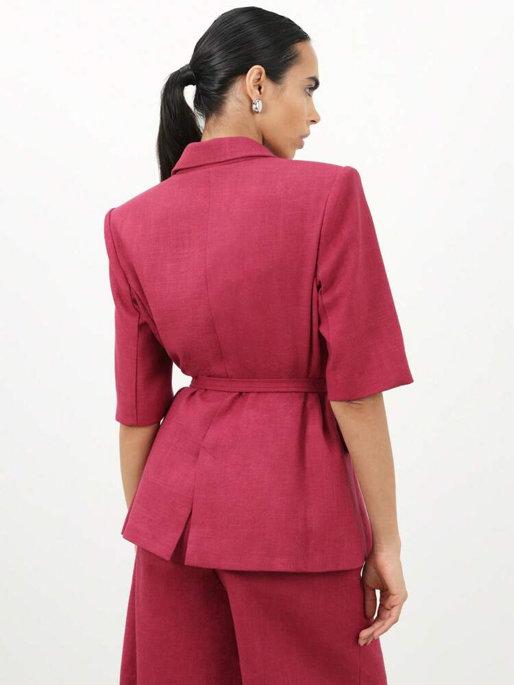 KSTM Damen Kurzarm Blazer mit Gürtel, Revers und Knopfverschluss, professionelle Bürokleidung mit Gürteldetail