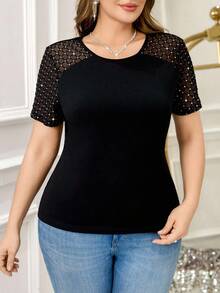 SHEIN Clasi 大码女式休闲优雅格纹袖 T 恤 - 黑色 - 查看 6