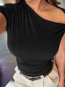 Maria Perezxox 女士性感优雅简约棕色不对称领口休闲百搭上衣 - 黑色 - 查看 3
