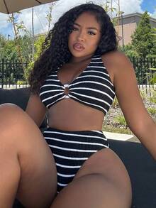 Alexandranx Ladies' Striped Circular Link Sexy Bikini Set For Summer Beach, 2pcs - Black and White - View 4