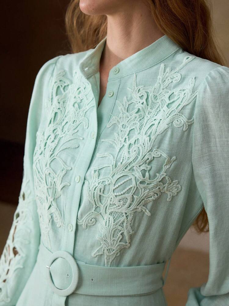 WOMEN'S LINEN BLEND EMBROIDERED ROMANTIC MID-LENGTH DRESS, SPRING/SUMMER