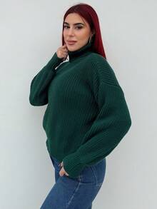 Bearsaez 罗纹针织高领落肩毛衣、长袖上衣 - 墨綠色 - 查看 4