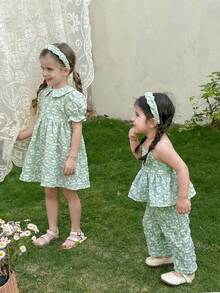 SHEIN LMoss Kids 女婴可爱碎花吊带背心和松紧腰裤套装，夏季 - 綠色 - 查看 1