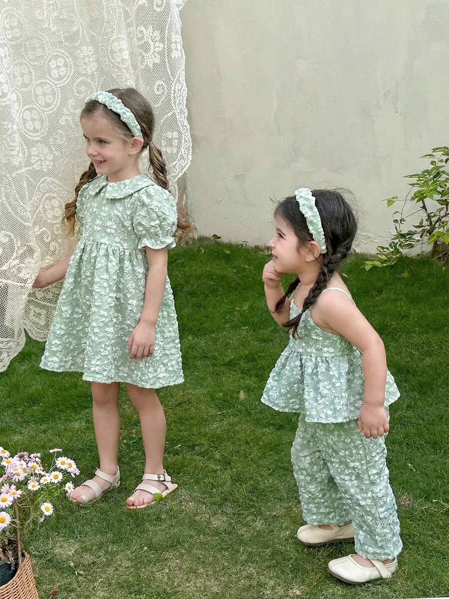 SHEIN LMoss Kids 女婴可爱碎花吊带背心和松紧腰裤套装,夏季 - 綠色 - 查看 1