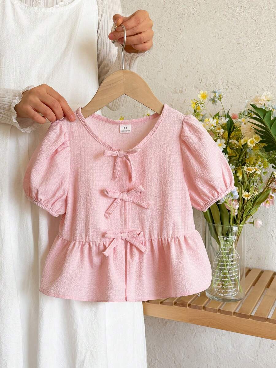SHEIN LMoss Kids 少女休闲纯色圆领短袖套头衫 - 淺粉色 - 查看 1