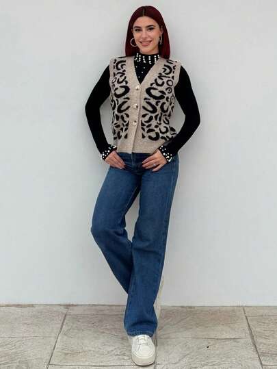 Bearsaez 女式单排扣 V 领豹纹针织背心，秋冬款