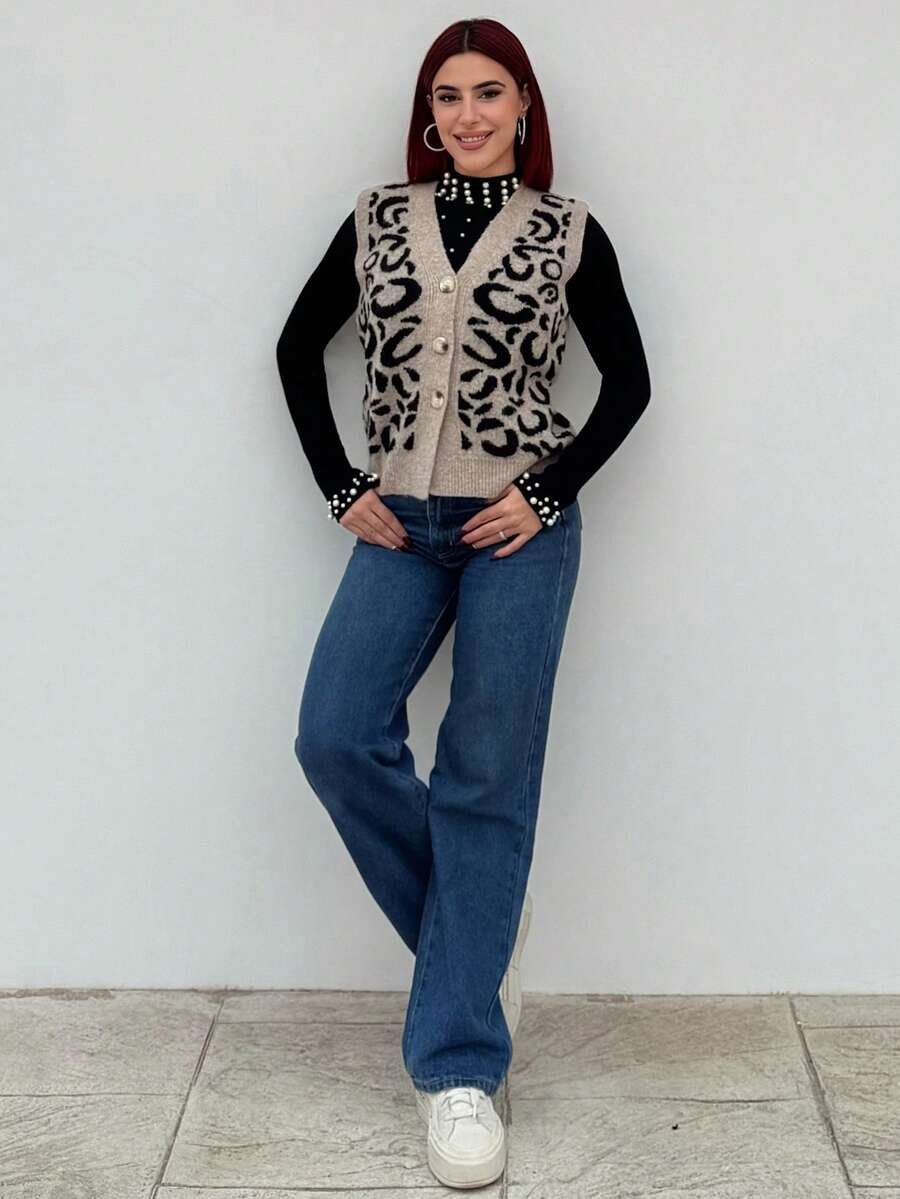 Bearsaez 女式单排扣 V 领豹纹针织背心，秋冬款 - 彩色 - 查看 1