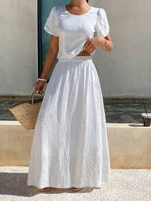 Livesso Women's Elegant Party Holiday Easter White Petal Sleeve Top And Casual Skirt 2 Pieces Set, Vacation - White - View 3