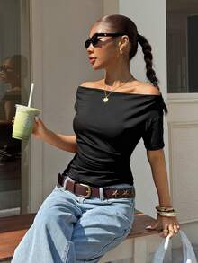 Muchica Black Knit Off Shoulder Women T-Shirt - Black - View 6