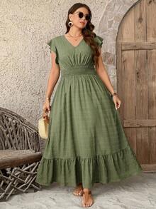 SHEIN LUNE 大码女式纹理面料飘逸长裙，夏季毕业礼服，7月4日白色毕业典礼服装 - 橄欖綠 - 查看 6