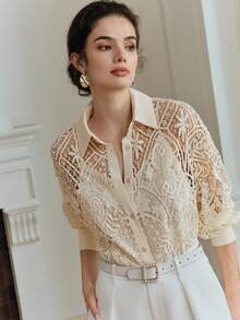 Anewsta Elegant Vacation Water-Soluble Lace Loose Long Sleeve Hollow Out Lace Blouse - Apricot - View 7