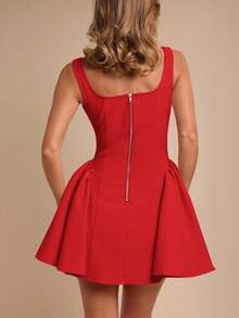 COSMINA 女士优雅情人节约会简约纯色方领收腰后背拉链迷你连衣裙，夏季 - 紅色 - 查看 2