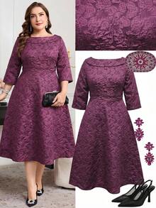 Ellevyn Đầm dạ hội sang trọng, cổ chữ V, tay lửng, cỡ lớn dành cho nữ, chất liệu jacquard. - Màu tím - Xem 9