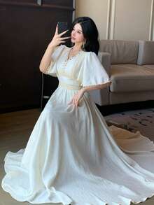 DAZY Đầm dài kiểu Bohemian cổ chữ V thắt eo thanh lịch dành cho nữ. - Màu be - Xem 3