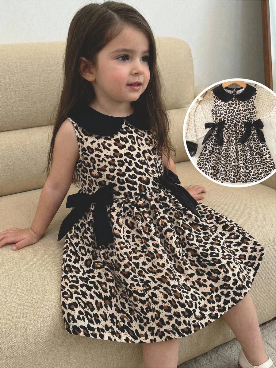 SHEIN 少女时尚夏季豹纹蝴蝶结领A字公主裙，豹纹连衣裙，优雅、可爱、休闲，适合外出、街头穿搭、节日及各种场合。 - 彩色 - 查看 1