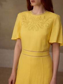 MOTF PREMIUM WOMEN'S SHORT SLEEVE ROUND NECK EMBROIDERED 100% LINEN MIDI DRESS, CASUAL & DATE WEAR, SPRING/SUMMER - Yellow - View 3