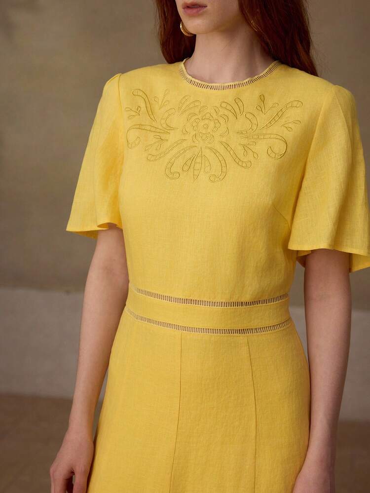 WOMEN'S SHORT SLEEVE ROUND NECK EMBROIDERED 100% LINEN MIDI DRESS, CASUAL & DATE WEAR, SPRING/SUMMER
