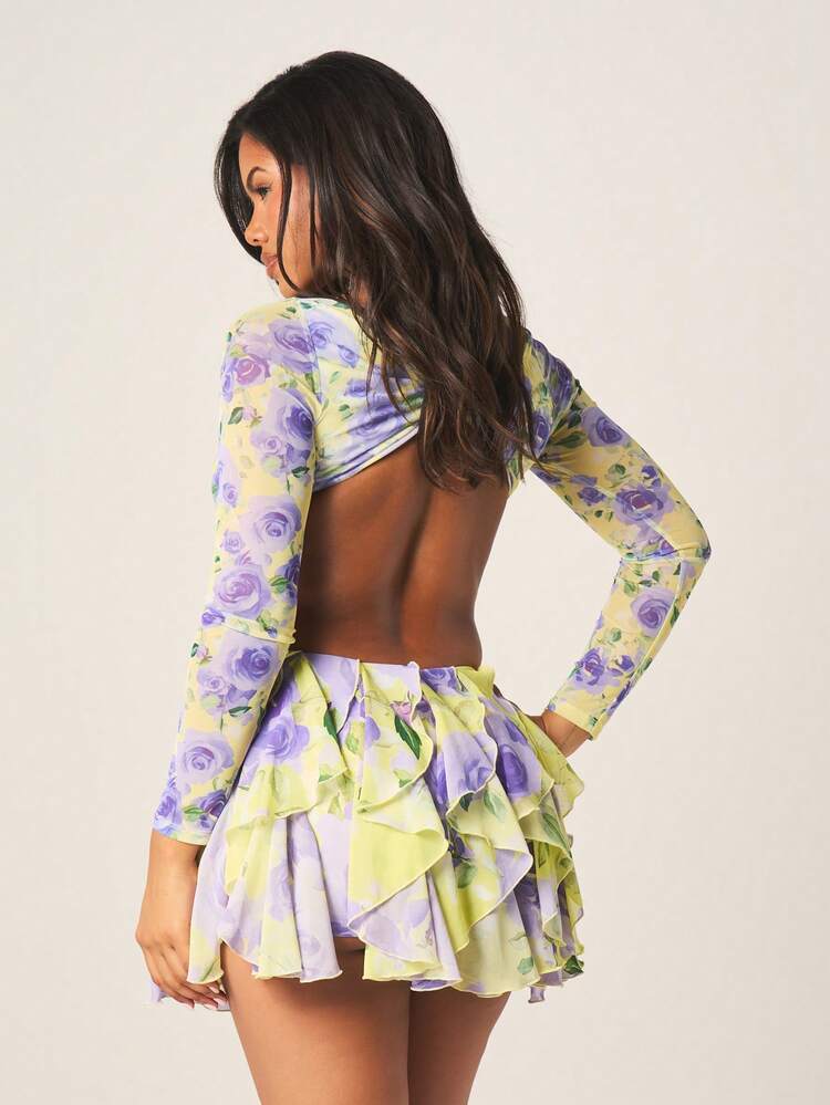 MISSGUIDED Women's Floral Ruffle Mini Skirt Purple Rose Print Summer Beach Party Festival Feminine Style