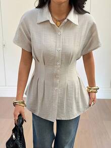 Siren Gaze 新款亚麻纯色纽扣前开襟休闲短袖衬衫，女士款 - 杏色 - 查看 6