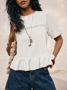 Poéselle White Round Neck Casual Versatile Puff Short Sleeve Top, Lace Hollow Out Summer Top, Lightweight Casual French-Style Top - White - View 4