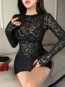 DAZY 女士优雅花卉图案亮片装饰高领修身T恤，秋冬款 - 黑色 - 查看 3