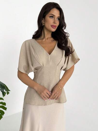 Firerie Women's Elegant Spring/Summer New Minimalist Casual Office Commute Linen Bamboo Knot Round Neck Waist Shirt, Apricot Color