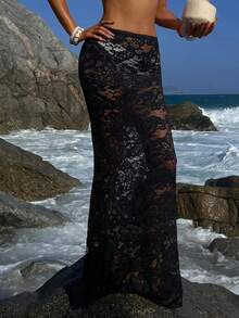 Opulessa 女士蕾丝拼接休闲百搭沙滩罩衫裙 - 黑色 - 查看 3