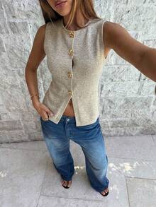 Aloruh Chaleco de punto casual y versátil con cuello en V y botones para mujer - Albaricoque - Ver 1