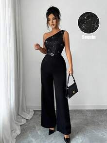Eryvara 女士黑色亮片露肩修身长款连体裤，拉链设计，性感派对装扮，夜店装扮，春夏新款装扮，情人节约会装扮，生日装扮，泳池派对装扮，舞会装扮，演唱会装扮，商务通勤装扮，婚礼宾客优雅浪漫长款连体裤 - 黑色 - 查看 7