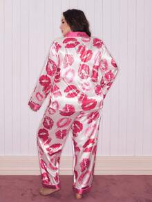 Slumberry CURVE Lip Print Colorblock Turndown Collar Long Sleeve Plus Size Pajama Set - Pink - View 2