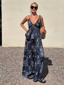 DAZY 两件套女士印花深V吊带背心和阔腿裤休闲度假夏季套装 - 藏蓝色 - 查看 3