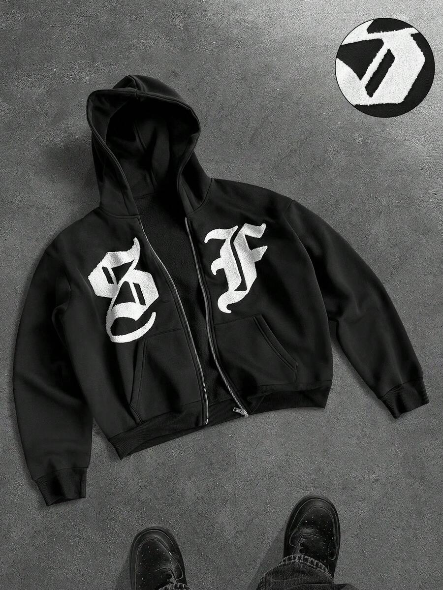 PAVTROS 男士休闲字母刺绣连帽衫 - 黑色 - 查看 1