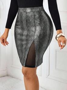 SHEIN Lady Plus Size Women Sexy Fashion Party Crocodile Print Mesh Patchwork Bodycon Pencil Skirt Silver Skirt For Women Bodycon Skirt Sexy Skirts For Women - Silver - View 3