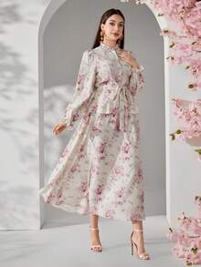 Modelyn 女士花卉印花前扣腰带长袖上衣和半裙两件套，优雅女装 - 彩色 - 查看 5