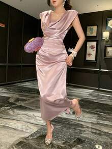 DAZY Đầm dài nữ thanh lịch cổ xếp ly, eo thắt, thích hợp cho mùa hè. - Hồng - Xem 1