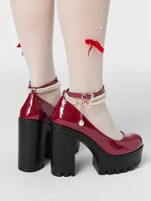 ROMWE Kawaii Giày cao gót đế xuồng thời trang và thanh lịch dành cho nữ, phong cách Punk Gothic với ngọc trai giả và dây xích kim loại co giãn, quai đeo mắt cá chân có khóa cài, đế dày chống thấm nước, thích hợp cho tiệc tùng, lễ hội, hộp đêm, đi làm, phong cách thập niên 2000. - Rượu vang - Xem 2