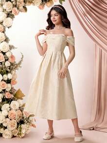 SHEIN Pitira Vestido elegante de hombros descubiertos de jacquard en color albaricoque para adolescentes - Albaricoque - Ver 4