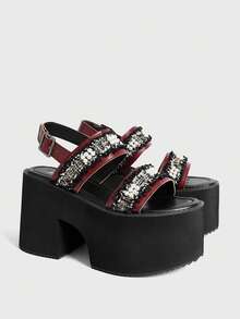 Sugerpunk Giày sandal đế xuồng phong cách punk gợi cảm và thanh lịch dành cho nữ, kiểu dáng Gothic với sọc ngọc trai, quai đôi, gót chunky kiểu La Mã, khóa kim loại co giãn ở mắt cá chân, hở mũi, thích hợp cho tiệc tùng, hộp đêm, lễ hội. - Màu Đỏ Sâu - Xem 2