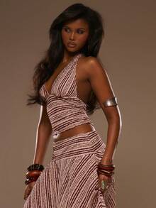 MUSERA 纹理条纹深V露背长款无袖上衣，春夏度假海滩优雅伊比沙岛节日塔吉锅 - 彩色 - 查看 3