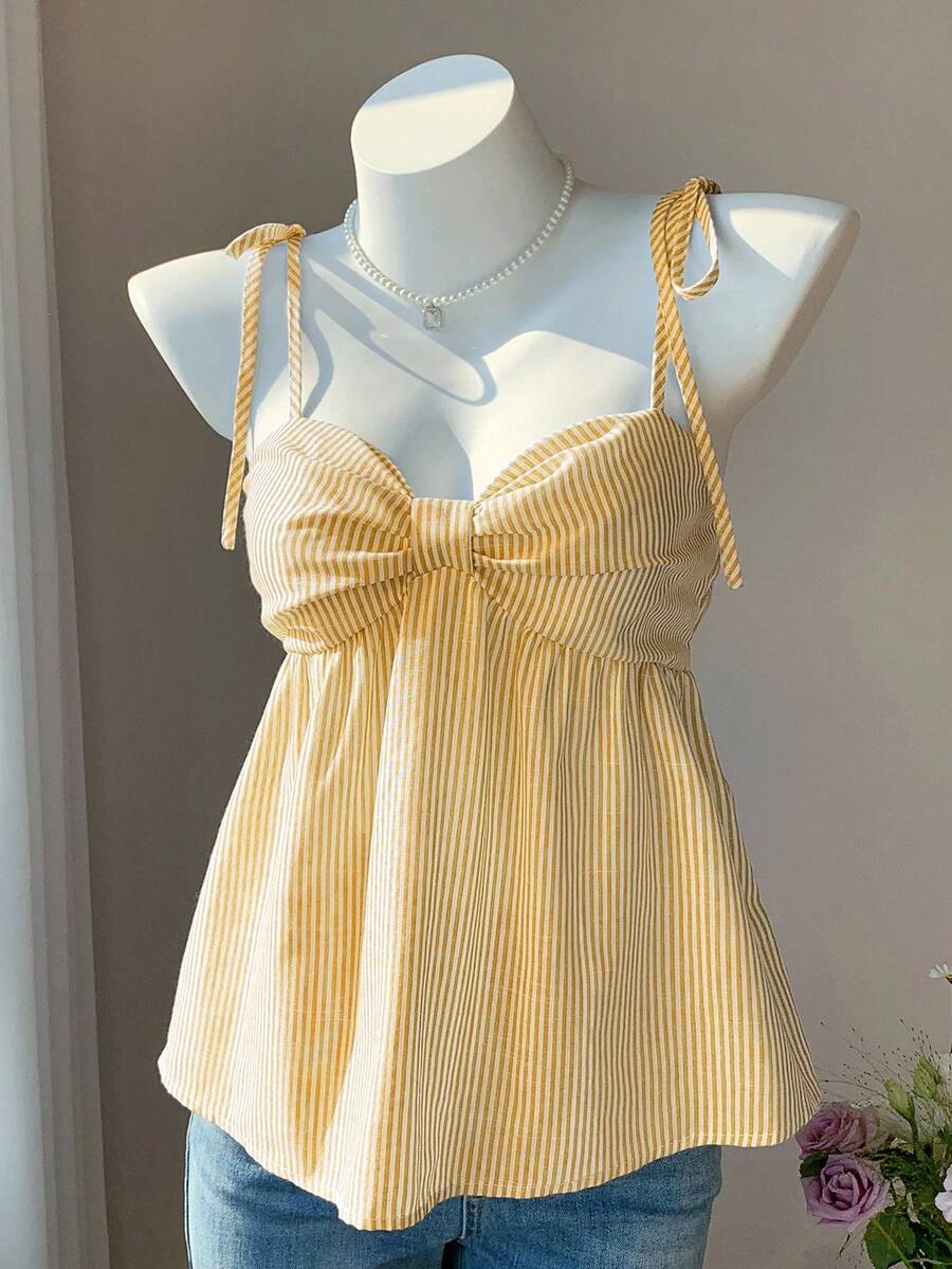 Comfortcana Áo camisole nữ mùa hè xếp ly kẻ sọc kiểu dáng thường ngày đi nghỉ mát - Màu vàng ngỗng - Xem 1