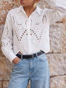 Maija White Summer Elegant Romantic Brunch Vacation Eyelet Embroidery Blue Floral Geometric Pattern Women Shirt Top Beach Vacation Outfits Casual Blouses - White - View 6