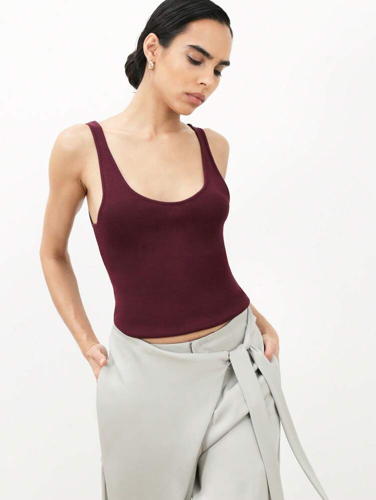 KSTM Women Burgundy Scoop Neck Knitted Tank Top Sleeveless Fitted Ribbed Casual Essential Everyday Wardrobe Staple