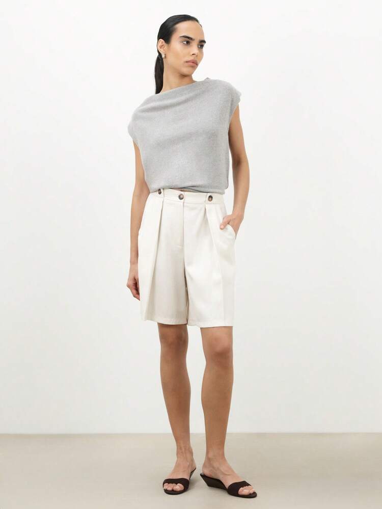 KSTM 여성용 하이웨이스트 버튼 디테일 버뮤다 쇼츠 여름 캐주얼 와이드 레그 테일러드 치노 스타일 무릎 길이 플리츠 프론트 포켓