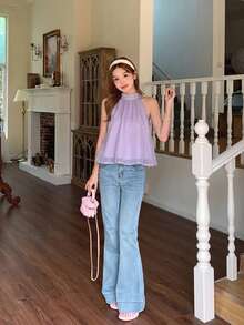SHEIN Áo kiểu cổ yếm bằng chiffon màu tím thanh lịch dành cho thiếu nữ, áo kiểu cổ yếm trang trí nơ kiểu sinh viên. - Màu tím - Xem 4