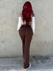 Bearsaez 秋冬年轻女性简约通勤家居杏色高腰修身喇叭腿针织裤 - 咖啡棕 - 查看 2