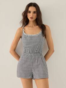 Almamuse 女士优雅编织缎带拼接格子连体裤 - 黑色 - 查看 4