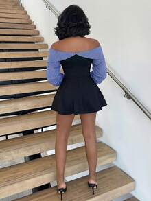 Alexandranx 女式学院风简约性感露肩高腰撞色设计修身迷你连衣裙，秋冬 - 彩色 - 查看 2