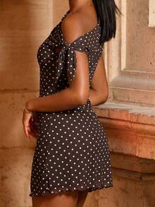 Mima John Women's Summer New Classic Retro Polka Dot Asymmetrical Off-Shoulder Sexy Elegant Vacation Mini Dress, Mesh Polka Dot Dress, Asymmetrical Neckline Dress, Spring/Summer Clothing, Beachwear, Elegant, Sexy, Vacation, Beach, Hawaiian, Dating, Party, Music Festival, Graduation Dress, Prom Dress/Brown Dress Polka Dot Dress Women Dresses For Women Elegant Women Mini Dresses - Multicolor - View 5
