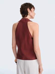 Aalyst 女士春夏法式优雅奢华简约设计休闲波西米亚风度假/工作装复古舒适纯色亚麻天丝面料交叉领褶皱侧系带无袖短衬衫 - 棕色 - 查看 7