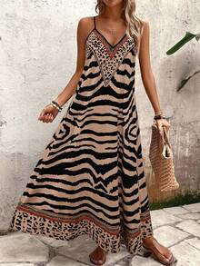 SHEIN Tall Women's Zebra Print V-Neck Sleeveless A-Line Casual Dress,Beige,Summer,Boho,Holiday,Vacation,Holiday,Elegant French Street Style Vintage Party, Tall Women - Khaki - View 4